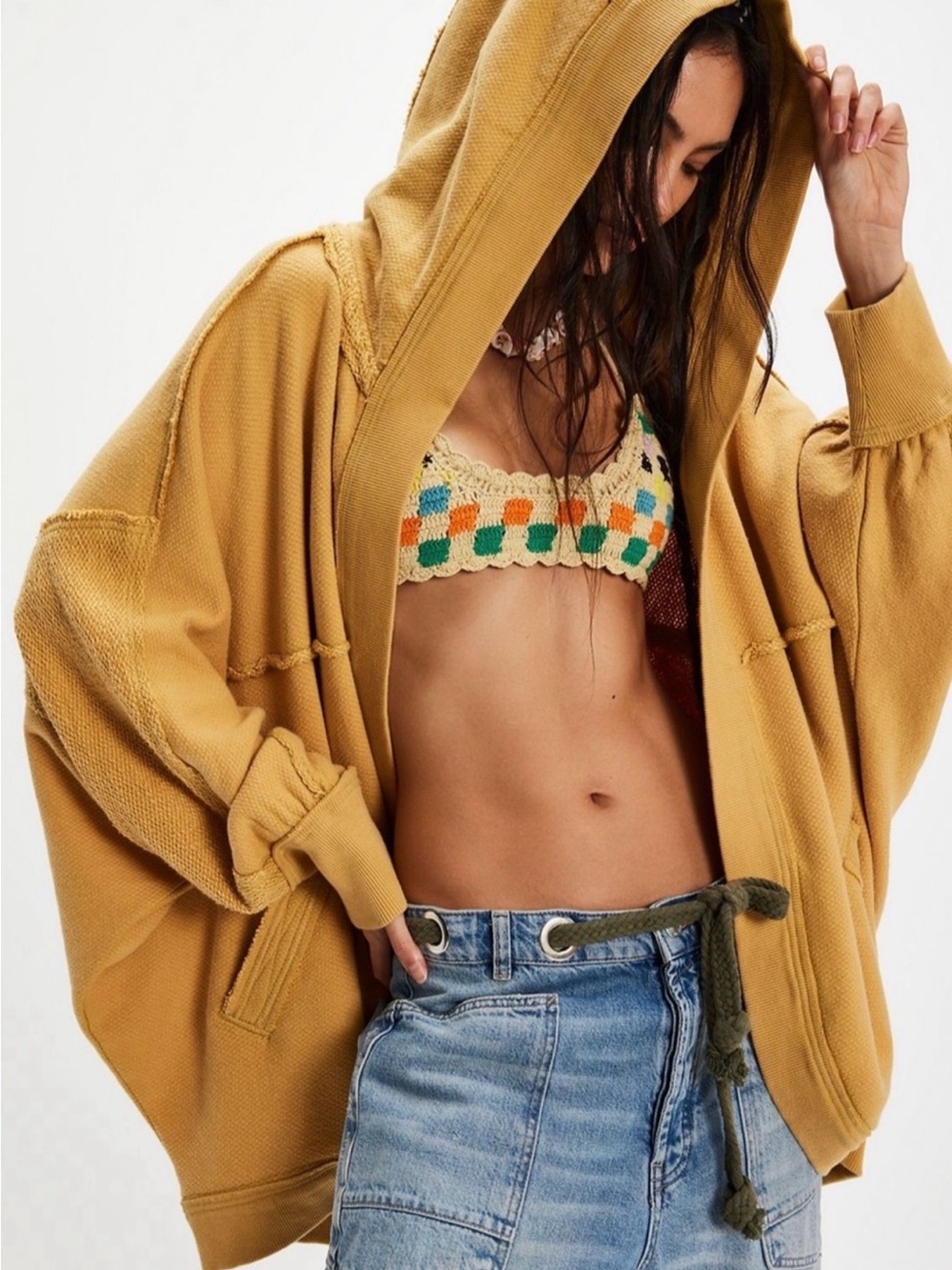 Free People Forever Yours Oversized Hooded Cardigan in Mustard